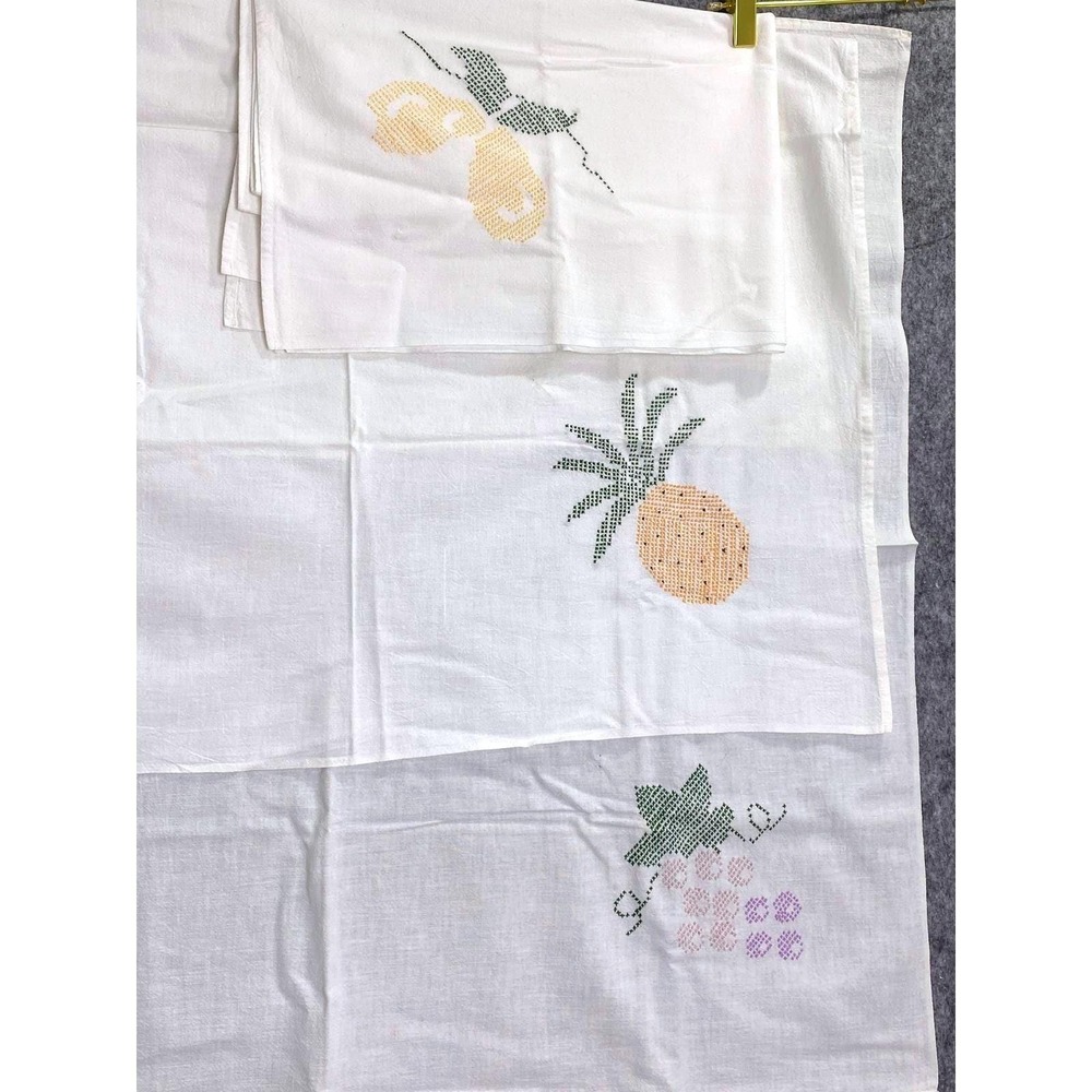 Vintage Fruit Cross-Stitch‎ Linens Set Grapes Pineapple Lemon Embroidery